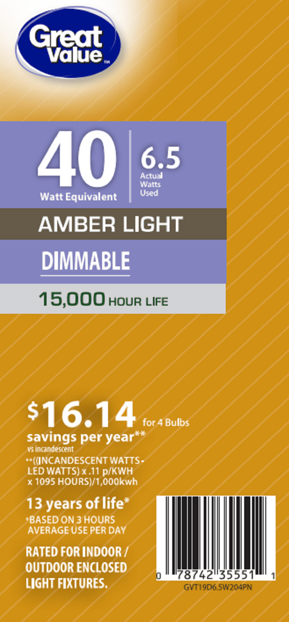 Great Value Vintage 6.5W LED Edison Light Bulbs, 40W Eqv, Amber Finish, ST19 Filament E26 Base, 4PK