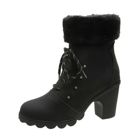 

hopeusnice Women s Winter Boots Fuzzy Fleece Lined Lace Up Ankle Boots Chunky Heel Platform Booties Warm Snow Boots Outdoor Footwear Black 39