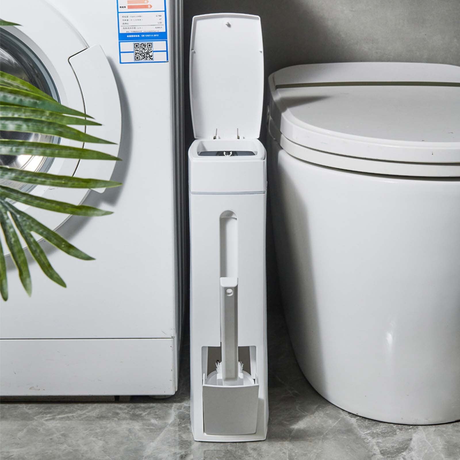 SATRINO Slim Bathroom Trash Can Toilet Brush Set, 4.5L Small Trash Can with Lid, Waste Bin Toilet Brush Holder Garbage Bag Tissue Box Holder 4 in 1 Bathroom Kit (White)