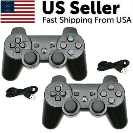 2 PACK Wireless Blue Bluetooth Double Shock Game Controller for PS3 Playstation 3 Black