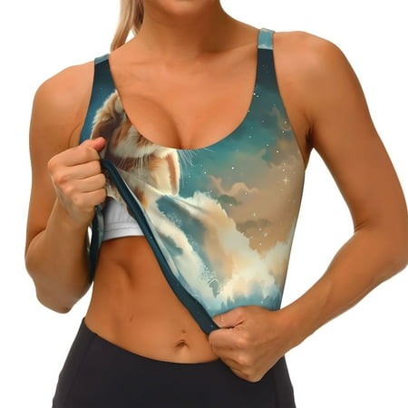 Qokaie Starry Sky Cloud Cute Rabbit Pattern Womens Scoop Neck Sports Bra Breathable Workout Vest Padded U Back Medium Impact Fitness Gym Yoga Bra Workout Crop Top