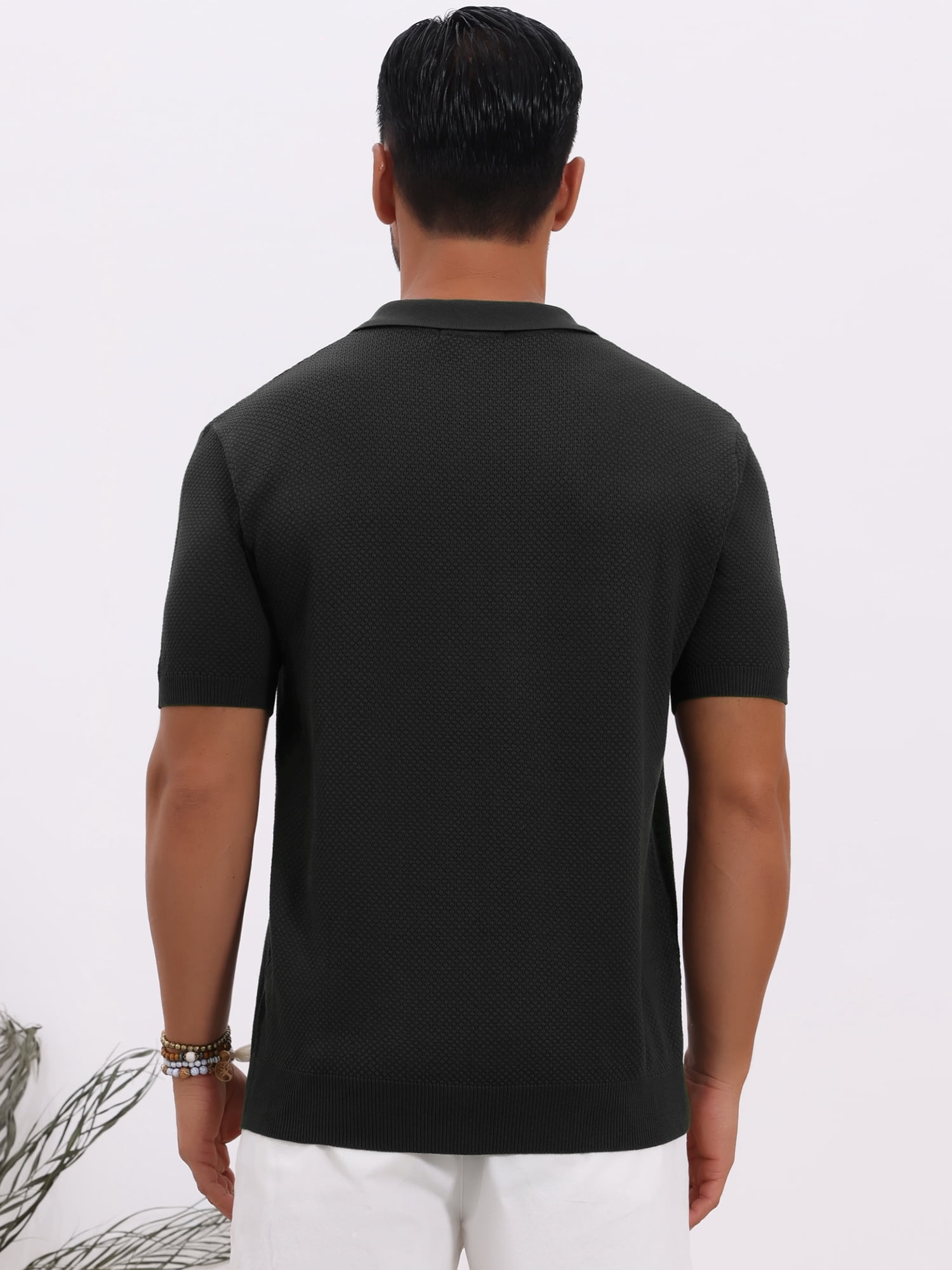 DARING DIVA Men's Textured Knit V Neck Short Sleeve Casual Golf Polo Shirt M Black