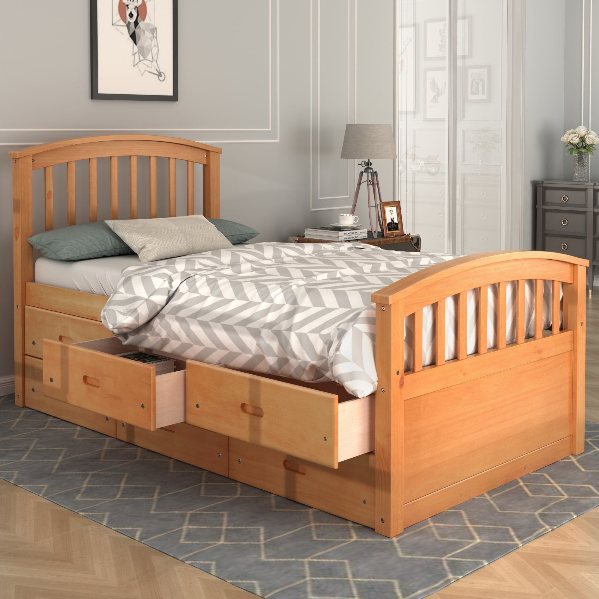 Aukfa 6 Drawers Platform Storage Bed, Solid Wood Captain Bed, Twin Size - Oak