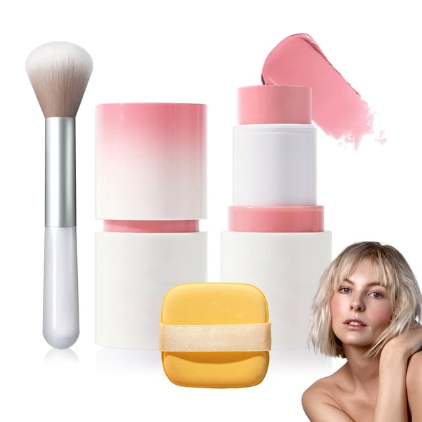Colorete en barra en crema con brocha y esponja de maquillaje Barra de maquillaje en crema múltiple resistente al agua Rubor múltiple 2 en 1 ligero y duradero para mejillas, tinte de labios y sombra d
