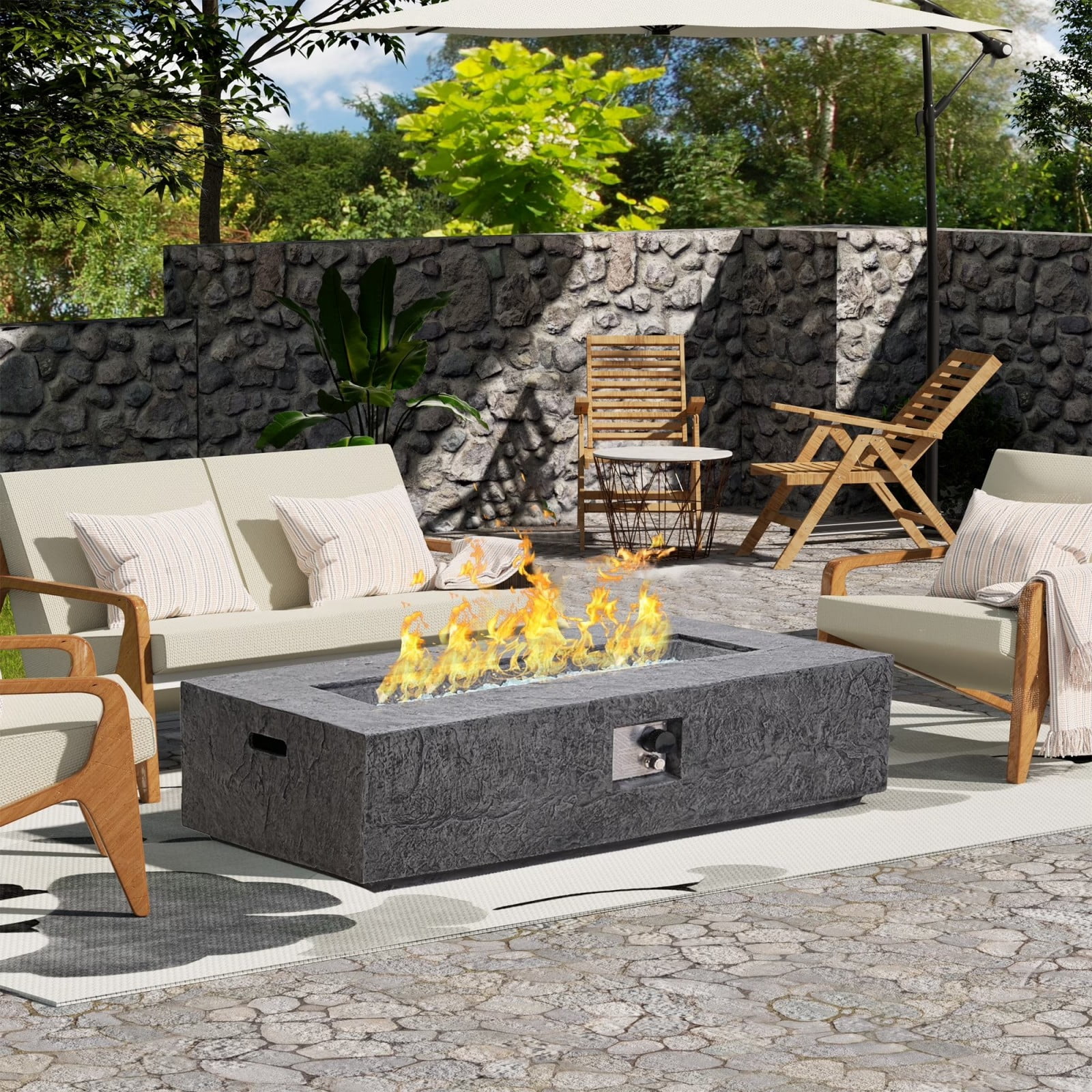 48" Patio Terrazzo Fire Pit Table, 50,000 BTU Outdoor Rectangle Gas Fire Table, Concrete Fire Pit Coffee Table for Backyard, Patio, Deck, Gray