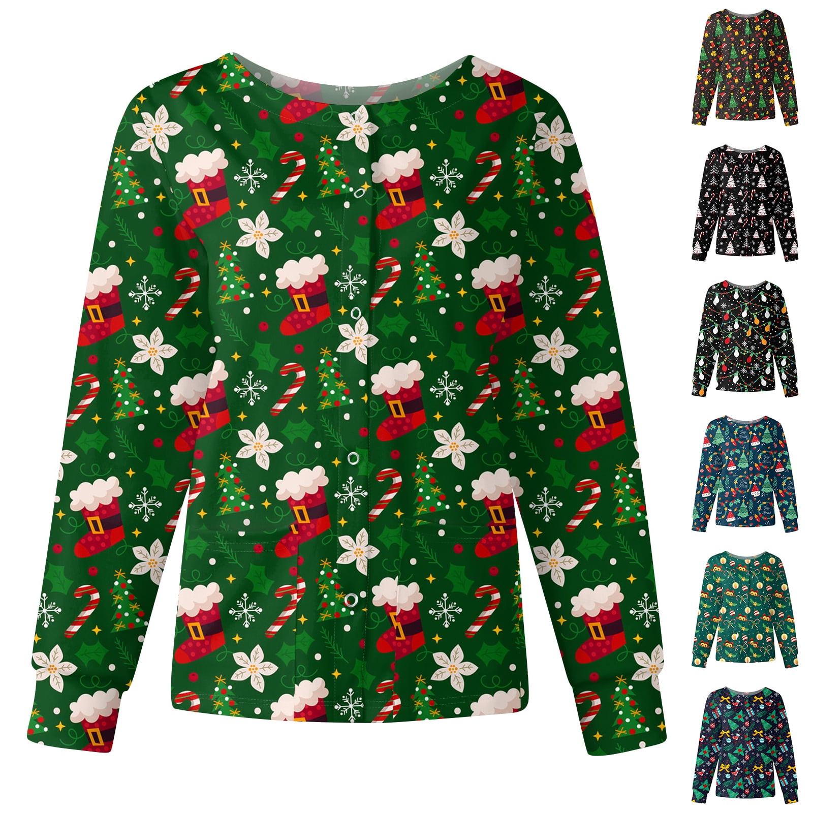 Hearthz Jacket for Scrubs Women Christmas Warm Up Scrub Shirts for Women Santa Claus Print Long Sleeve Snap Front Nurses Working Uniforms with Pockets S-5XL
