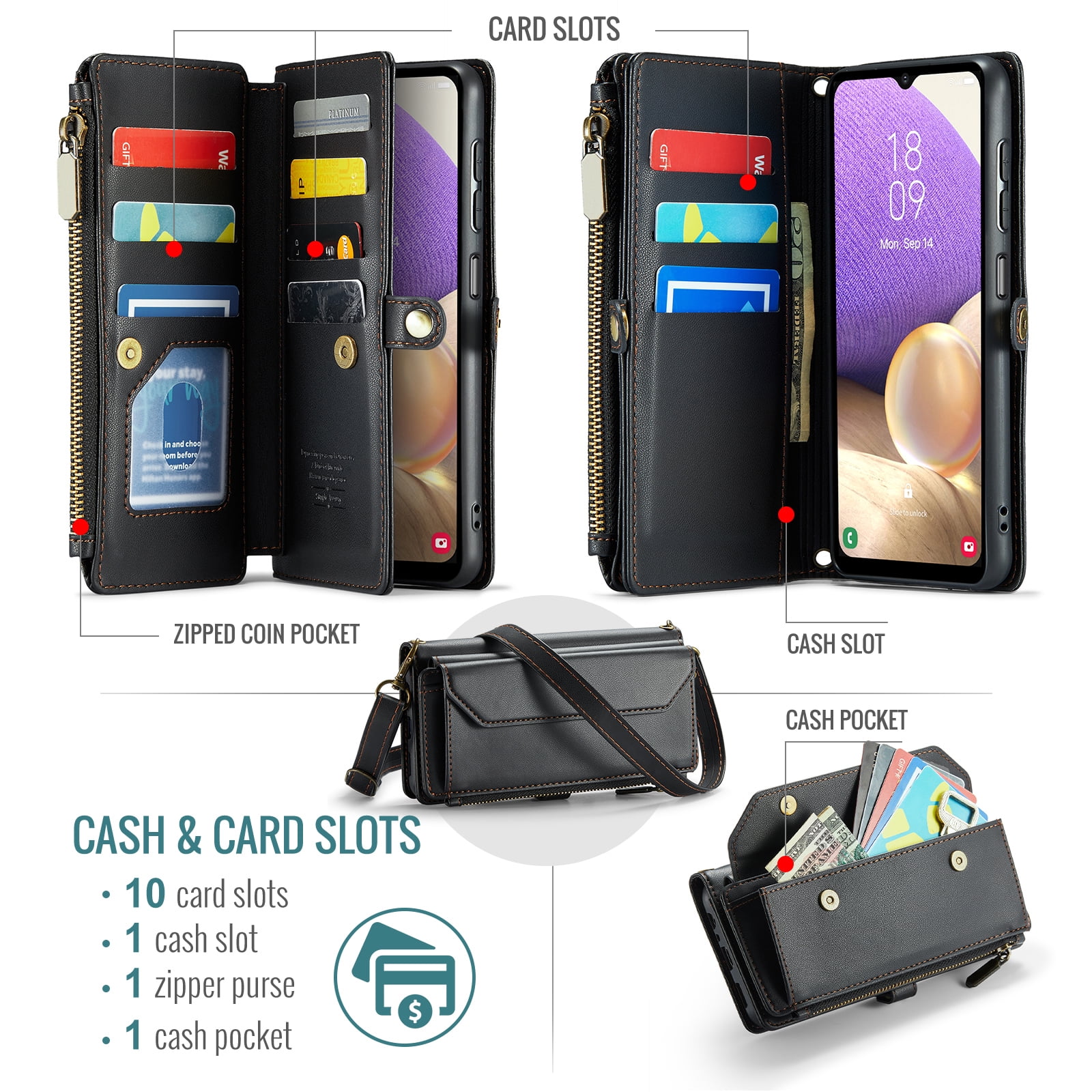 Compatible with Samsung Galaxy A32 5G 2021 6.5 inch Zipper Wallet Phone Case Tempered Glass Screen Protector Crossbody Lanyard Strap Flip Card Holder Slot Cell Cover for M32 G5 A 32 32A Women Black