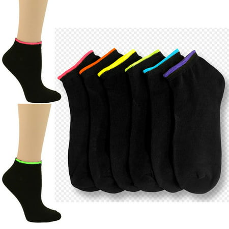 All Top Bargains 6 Pair Girls Ankle Sports Socks Low Cut Black Neon Color Casual Sport Run 6-8