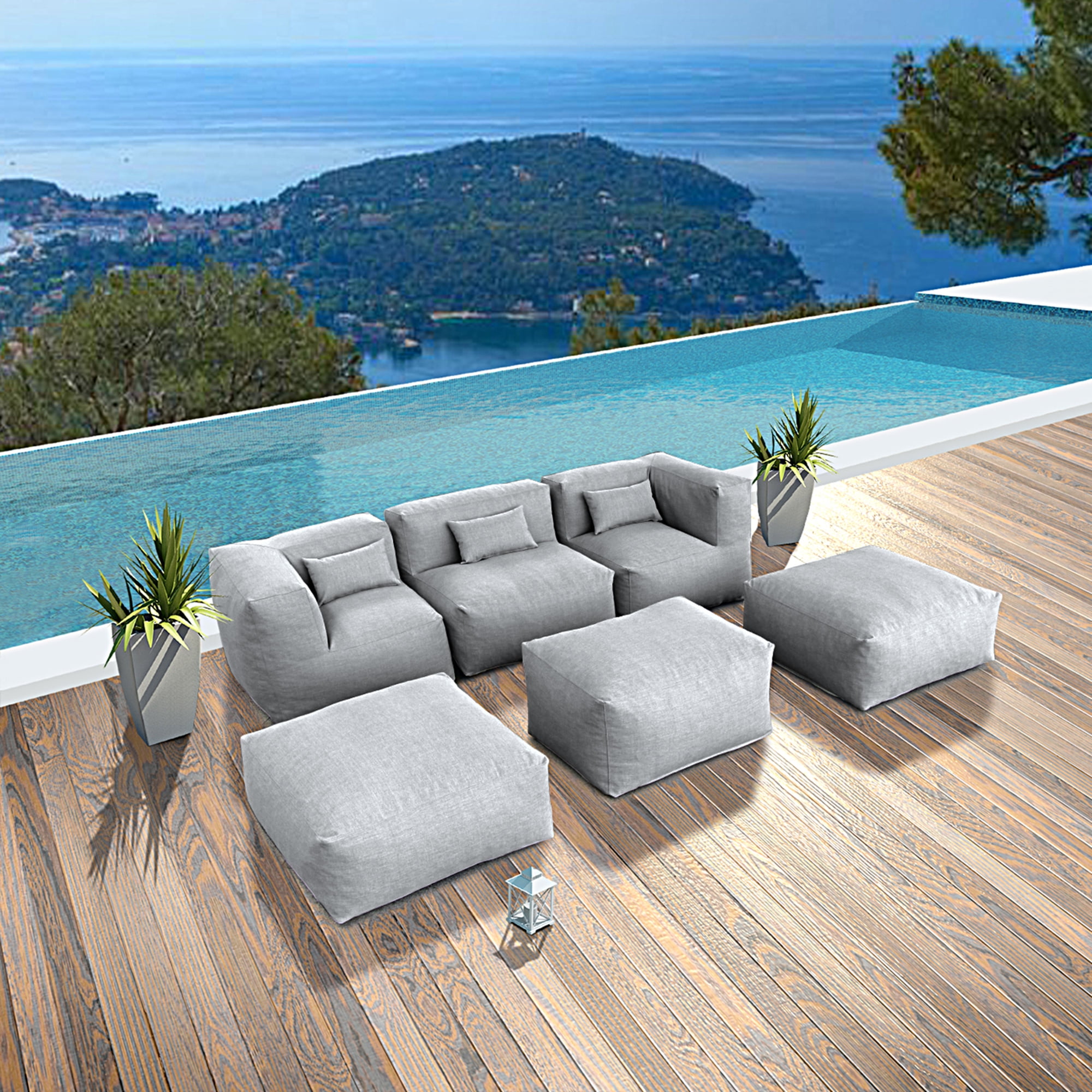 6 Pieces Olefin Patio Conversation Set with Thickened Cushions 5-Seat Outdoor Furniture Set with Bean Bag Chairs (Dark Gray)