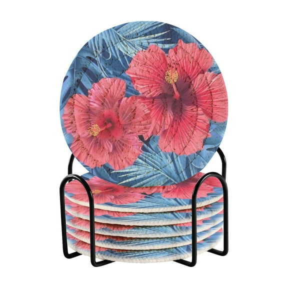 Flowers Or Leaves 6 Pcs Drink Coasters with Holder Absorbent Coasters Woven Coasters for Drinks Table Desk Protection Home Decor