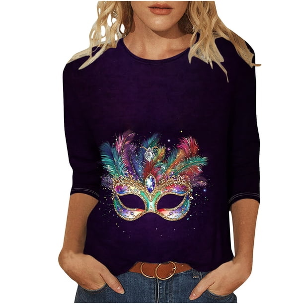 Camiseta Suelta de Cuello Redondo con Impresión de Carnaval para las Mujeres de Manga 3/4