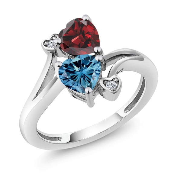 Gem Stone King 10K White Gold Diamond Accent Ring Heart Shape Garnet Persian Blue Moissanite (1.83 Cttw)