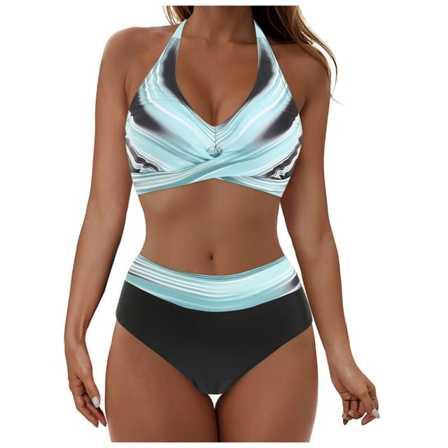Conjunto de Bikini de Cintura Alta para las Mujeres Control Del Vientre de 2 Piezas Estampado Tropical Hawaiano, Baño Cami Sujetador con Volantes