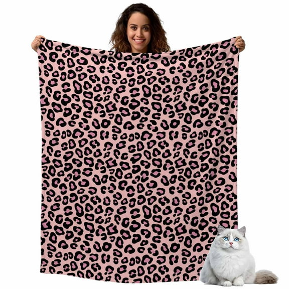 Pink Leopard Pattern Throw Blanket Flannel Fleece Throws, Farmhouse Animal Skin Theme Lightweight Super Soft Warm Blankets for Couch Sofa Bed All Season Use, 40x50 in