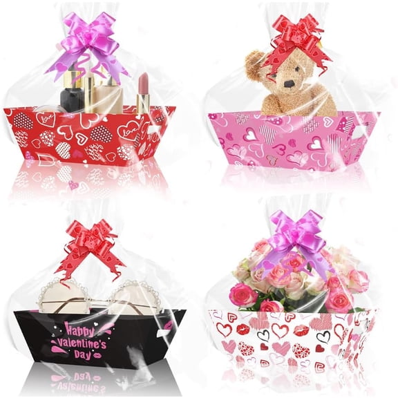 YANTONG 12 Sets Valentines Day Empty Gifts Baskets with Cellophane Basket Bags and Bows Ribbons, Cardboard Valentine Gift Basket Empty to Fill for Valentine’s Day Wedding Birthday Anniversary