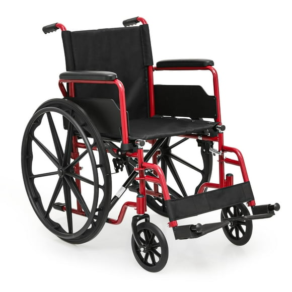 Sillas de ruedas MoNiBloom para adultos, ultraligeras, con respaldo abatible, brazos acolchados y reposapiés abatibles desmontables, asiento de 18 pulgadas de ancho, capacidad de 300 lb, color rojo, 1
