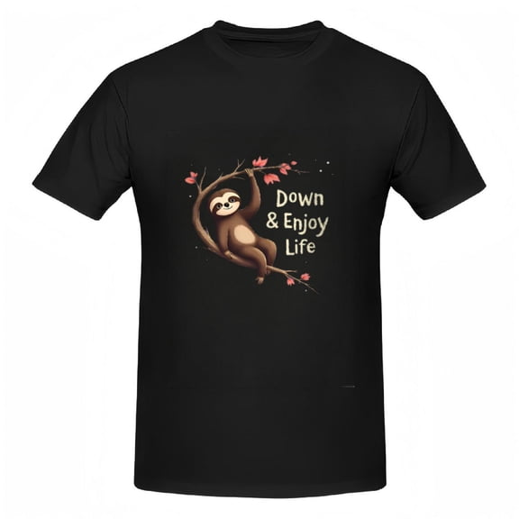 Cotton Short Sleeve T-Shirt for Women - Cartoon Sloth Design with ' Down & Enjoy Life ' Text Surrounded by Pink Flowers on Dark Background
