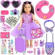 30 PCS 18 Inch Girl Doll Accessories Suitcase Travel Play Set - Camera, Suitcase Stickers, Toiletries, Pillow, Blindfold, Sunglasses, Passport, Tickets, Cash, Fit for 18 Inch Girl Doll