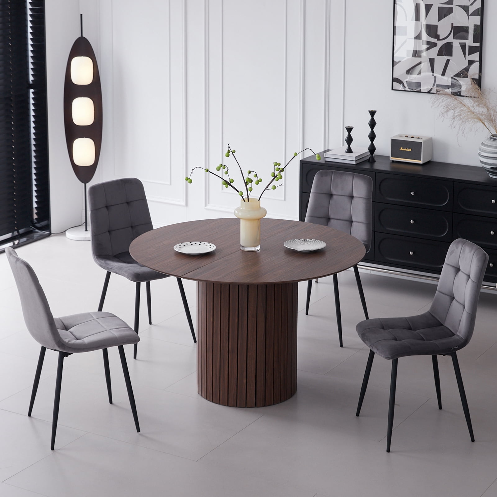 Set of 4 Velvet Dining Chairs - Mid Century Modern Dinning Chair, Upholstered Cushion Seat, Square-Patterned Backrest, Grey, Dinner Chairs with Metal Legs for Dining Living Room, Bedroom