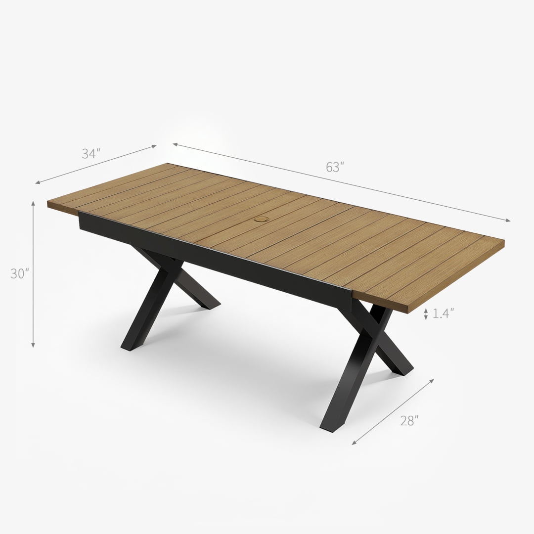83" Expandable Outdoor Dining Table for 6-8 Person, Aluminum Sturdy Frame with Umbrella Hole, Limed Oak