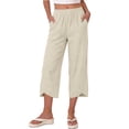 thumbnail image 3 of Hurxie Capris Pants for Women Cotton Linen Sweatpants Casual Summer Straight Wide Leg Loose Drawstring Elastic Trouser Beige,S, 3 of 7