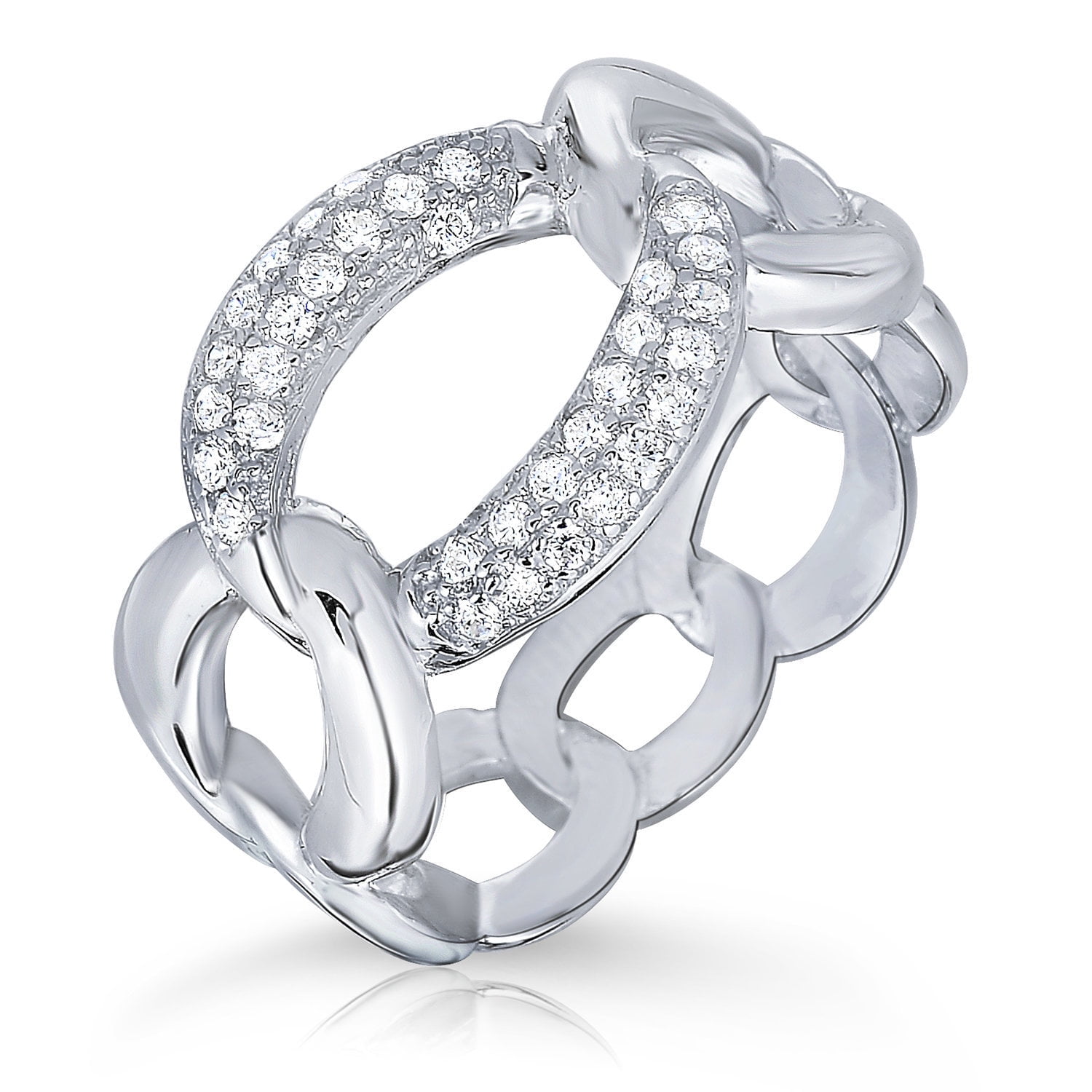 Tilo Jewelry Solid 925 Sterling Silver Graduated Curb Cuban Link Style Band Ring with Cubic Zirconia CZ Stones | Size 6 | Minimalist Statement Ring | Women & Unisex