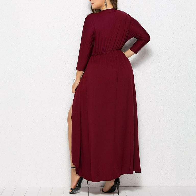 Efsteb Fall Fashion 2025 Plus Size Spring Dresses for Women V Neck Solid  Color Formal Dress Long Sleeve Slit Cocktail Dresses (Wine,XXXXL)