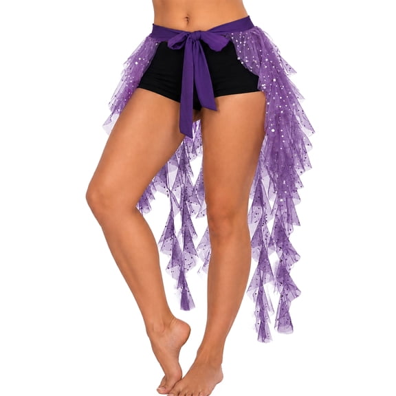 FEOYA Belly Dance Skirt for Women Sequin Tulle Hip Scarf Belt Adjustable Tie Waist Tassel Ruffle Dancewear Dancing Performance Rave Festival Purple