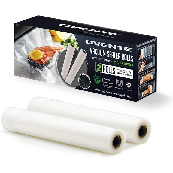 OVENTE Vacuum Sealer Roll 11” x 16’ Heavy Duty Food Grade Plastic, BPA-Free for Airtight Food Storage, Meal Prep, Sous Vide, Microwave and Freezer Safe, Pack of 2 ACPSVRG1116