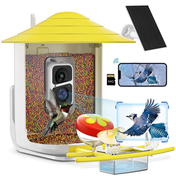 Smart Bird Feeder with Camera & Solar Panel, Motion Activated Alerts, Auto Capture Videos, Bird Lover Gift, Yellow