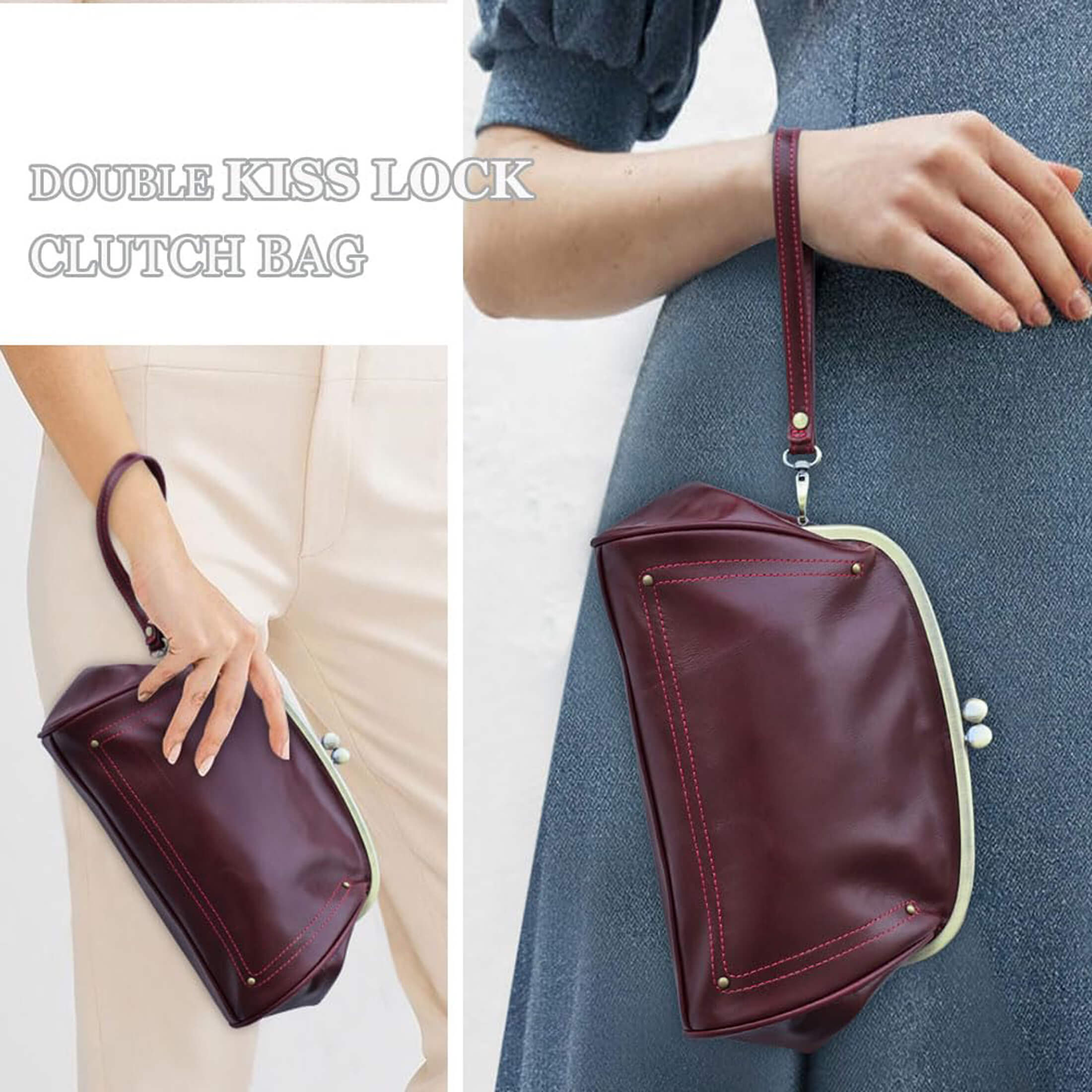 Contact's Dual Kiss Lock Clutch Bag for Women Leather Evening Bag Large Clutch Purse Vintage Handbag Phone Organizer (Wine Red)