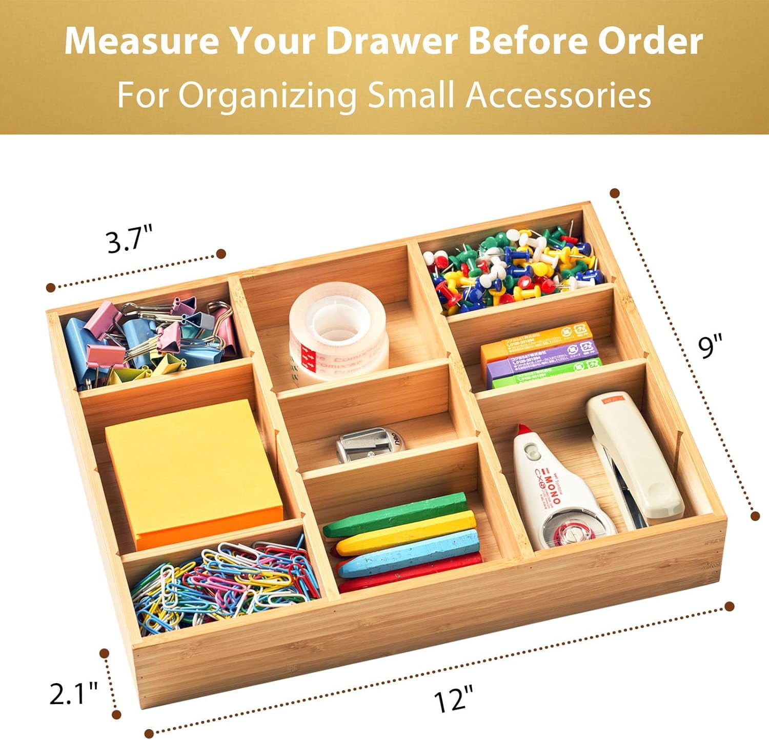 Desk Drawer Organizer, Bamboo Wood Organizer Tray with Adjustable Compartments, Office Desk Accessories Supplies Organization Storage, 12" x 9"