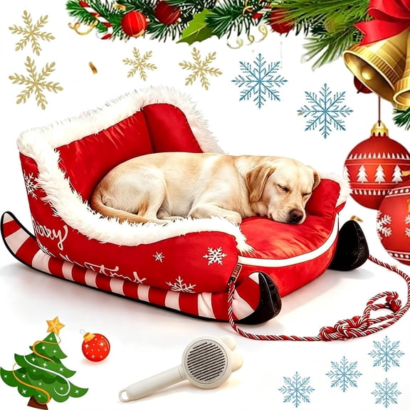 Christmas Dog Bed, Dog Sleigh Bed, Non‑Slip Washable Pet Sofa Bed