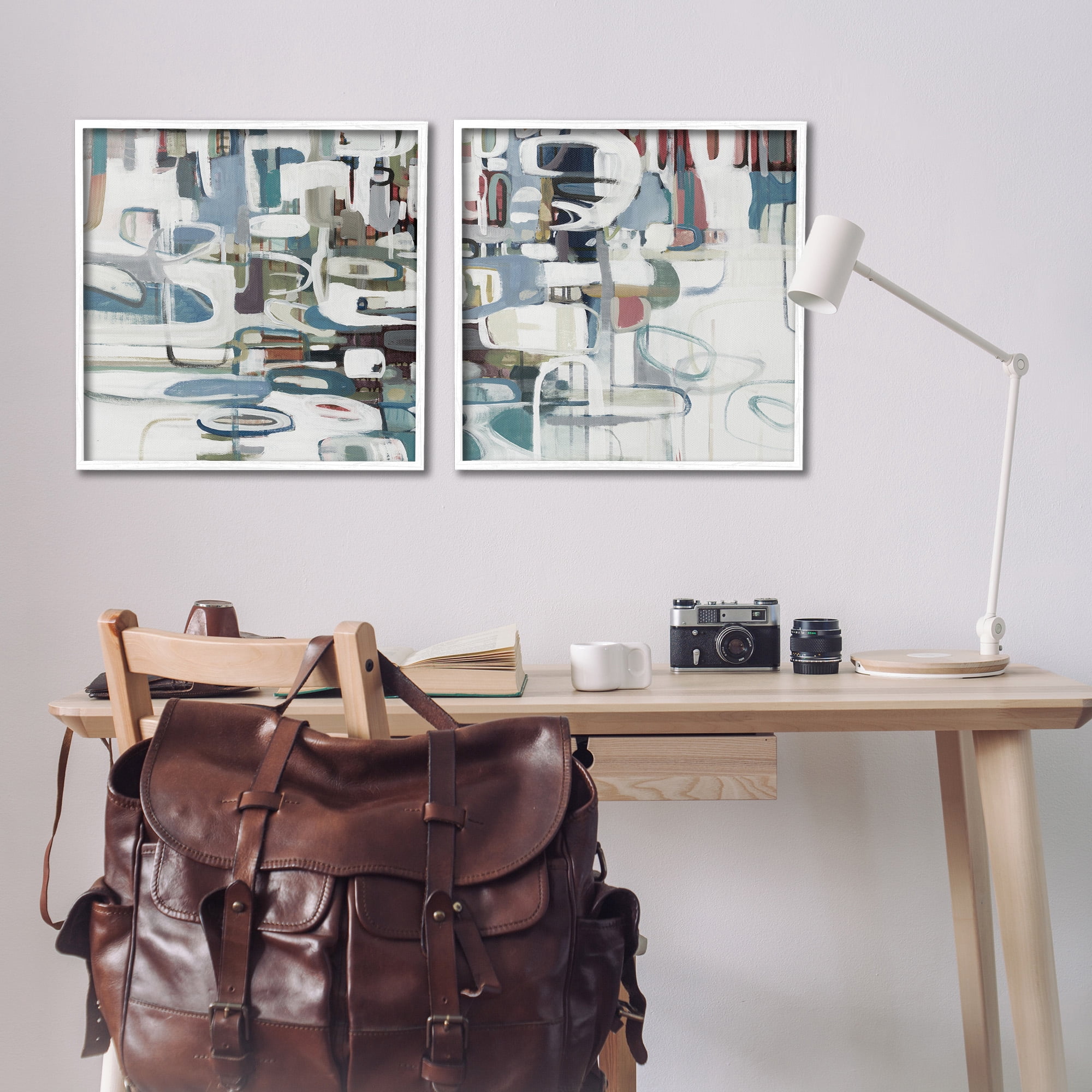Stupell Industries Chaotic Intertwining Shapes Abstract Painting White Framed Art Print Wall Art, 24 x 24, Set of 2