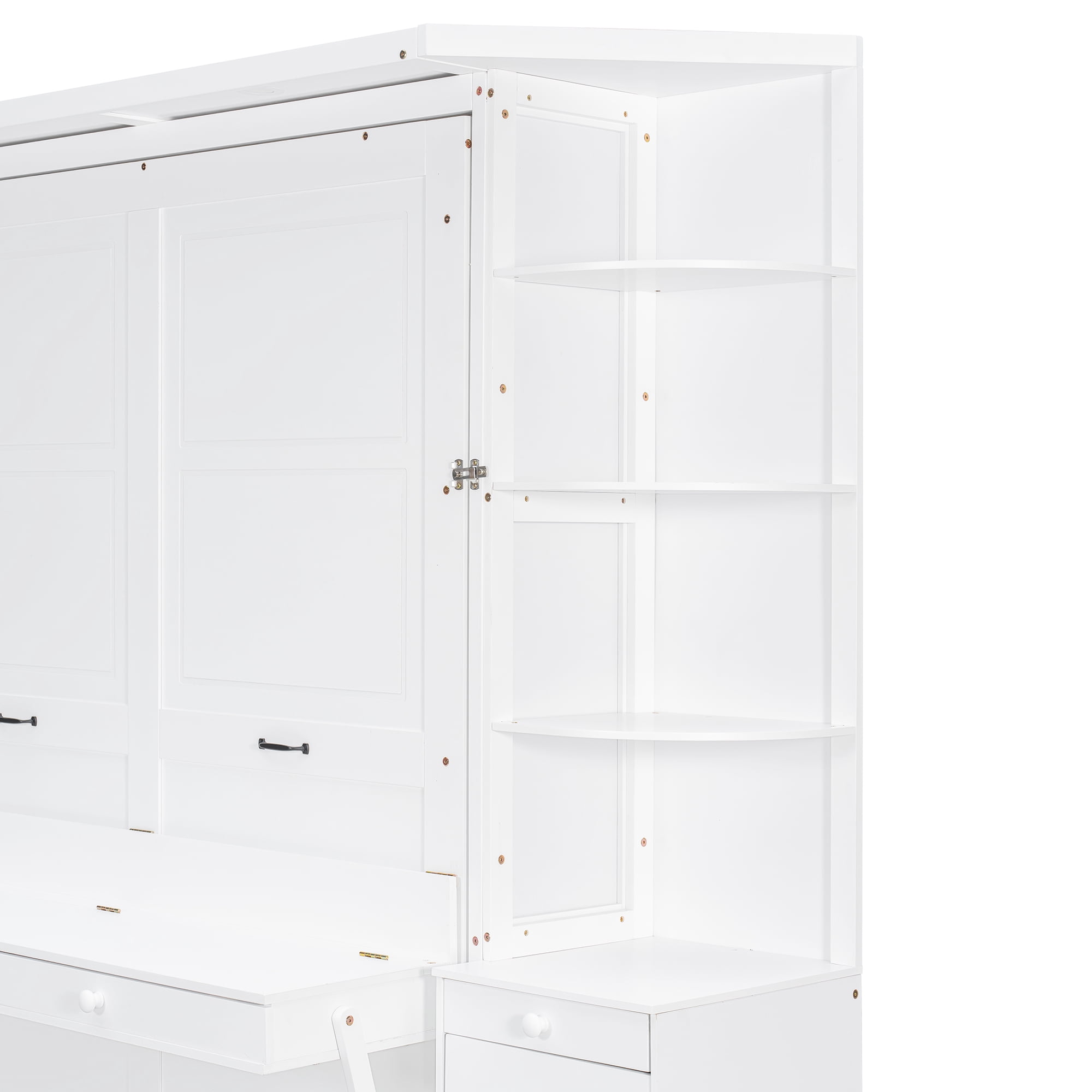 Queen Size Murphy Bed with Desk, Storage Shelves and Cabinets, for Space-Saving Home Office, Guest Room