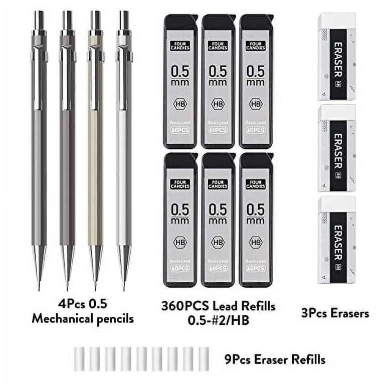 Four Candies 05mm Mechanical Pencil Set with Case - 4pcs Metal Mechanical Pencils, 6 Tubes HB #2 Lead Refills, 3pcs 4b E