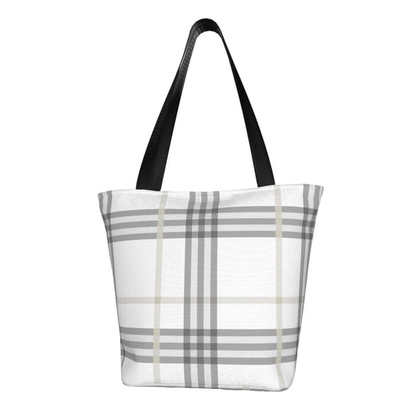 TEQUAN Reusable Shoulder Tote Bags, Gray Grid Stripes Prints Polyester Casual Shopping Grocery Bag for Women