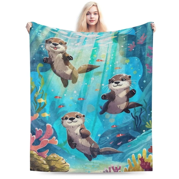Playful Otters Blanket Cozy Soft Flannel Colorful Underwater Scene Throw Blanket 50x40