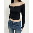 thumbnail image 5 of FEORJGP Women Off-Shoulder Pullovers Long Sleeve Shirt Lace Patchwork Blouses Slim Fit Crop Tops Casual Summer Fall Clothes for Club Streetwear Aesthetic, 5 of 9