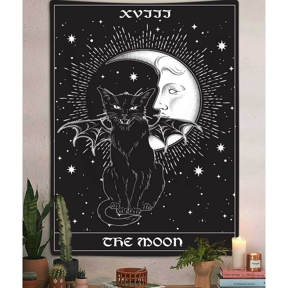 The Moon Tarot Tapestry Wall Hanging, Gothic Black Cat Pagan Witchcraft Theme Tapestries Print Design Aesthetic Bohemian Wall Art Tapestry for Bedroom Living Room Home Decor