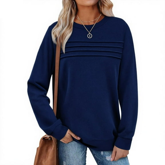 Women's Long Sleeve Shirts Fall Fashion 2025 Dressy Casual Blouses Trendy Pleated Tunic Tops for Leggings 01-Blue XL