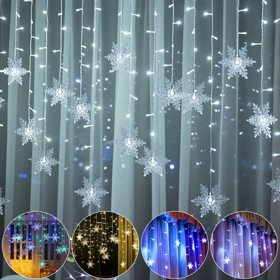 Christmas Snowflake LED Curtain String lights Memory 8 Modes Flashing Lights Waterproof Holiday Party Home Wave Fairy Lights, White
