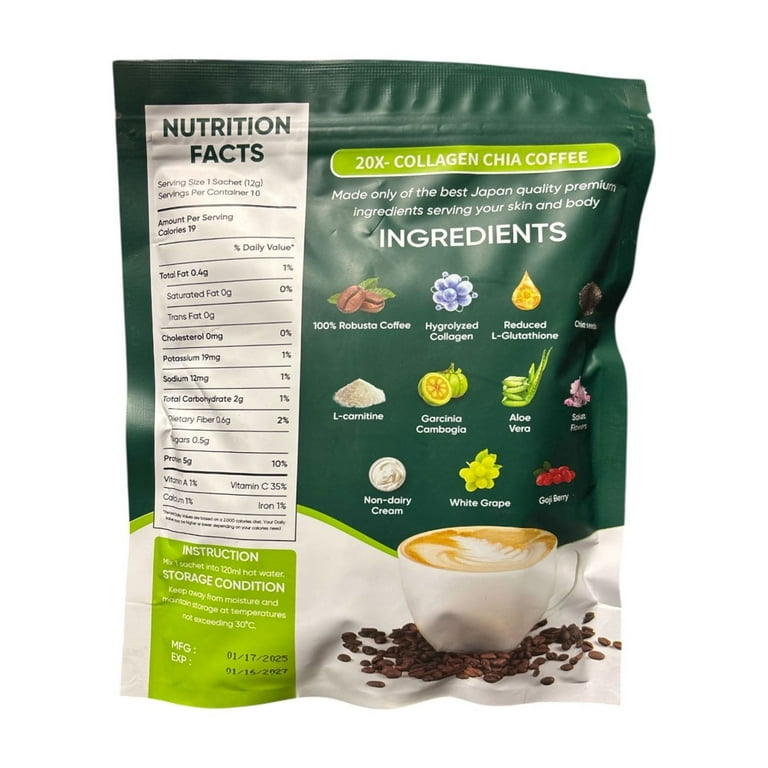 FITGUM 20X Collagen Chia Coffee, 11 in 1 Shape Coffee Mix