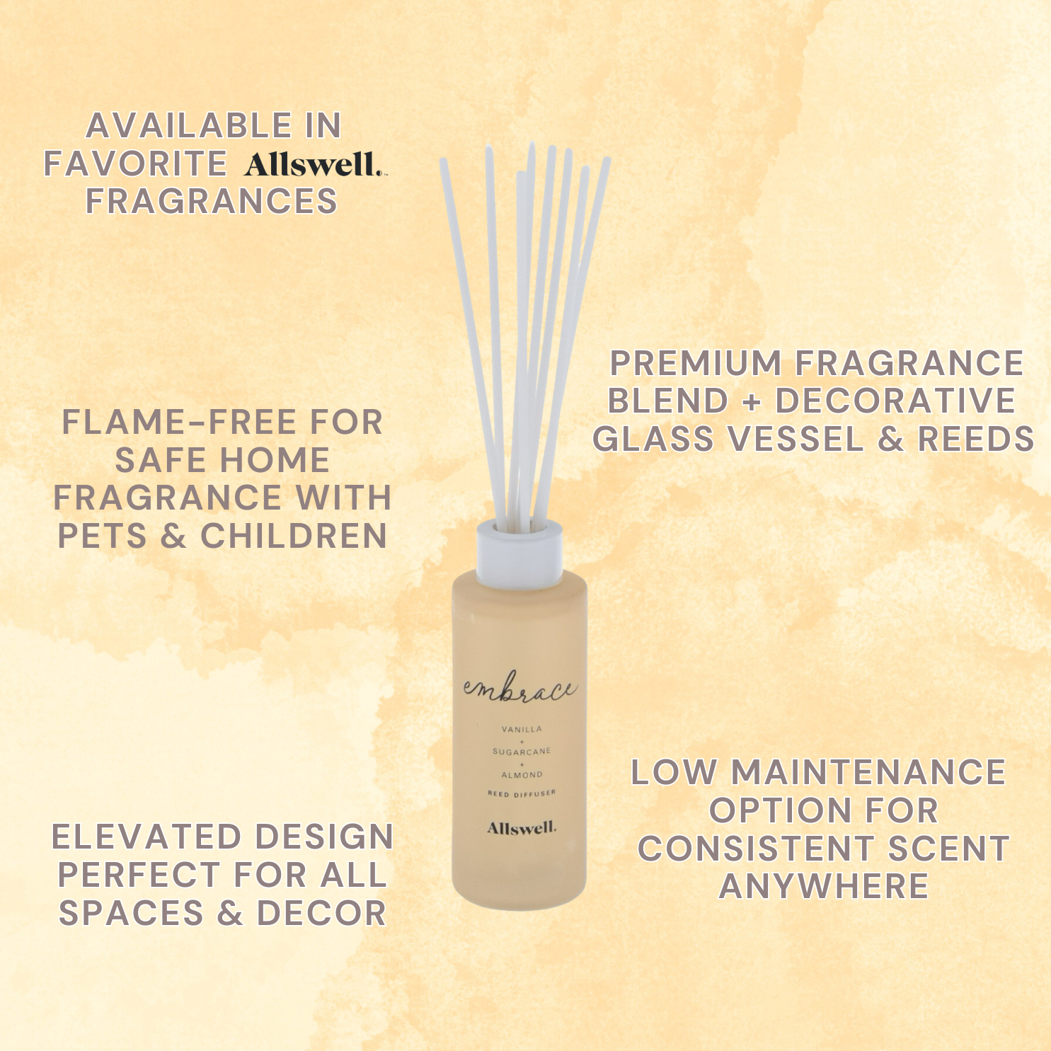 (2 pack) Allswell Embrace (Vanilla + Sugarcane + Almond) Scented Reed Diffuser 3 Fl Oz (90mL) With 8 Synthetic Reeds.