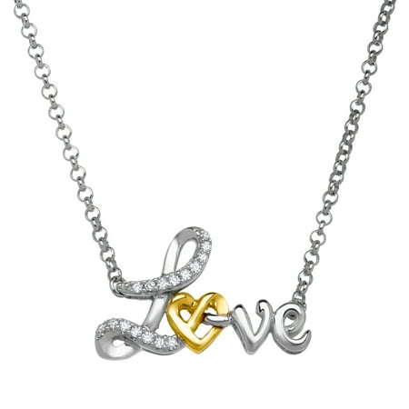 Duet Script 'Love' Pendant Necklace with Diamonds in Sterling Silver & 14kt Gold