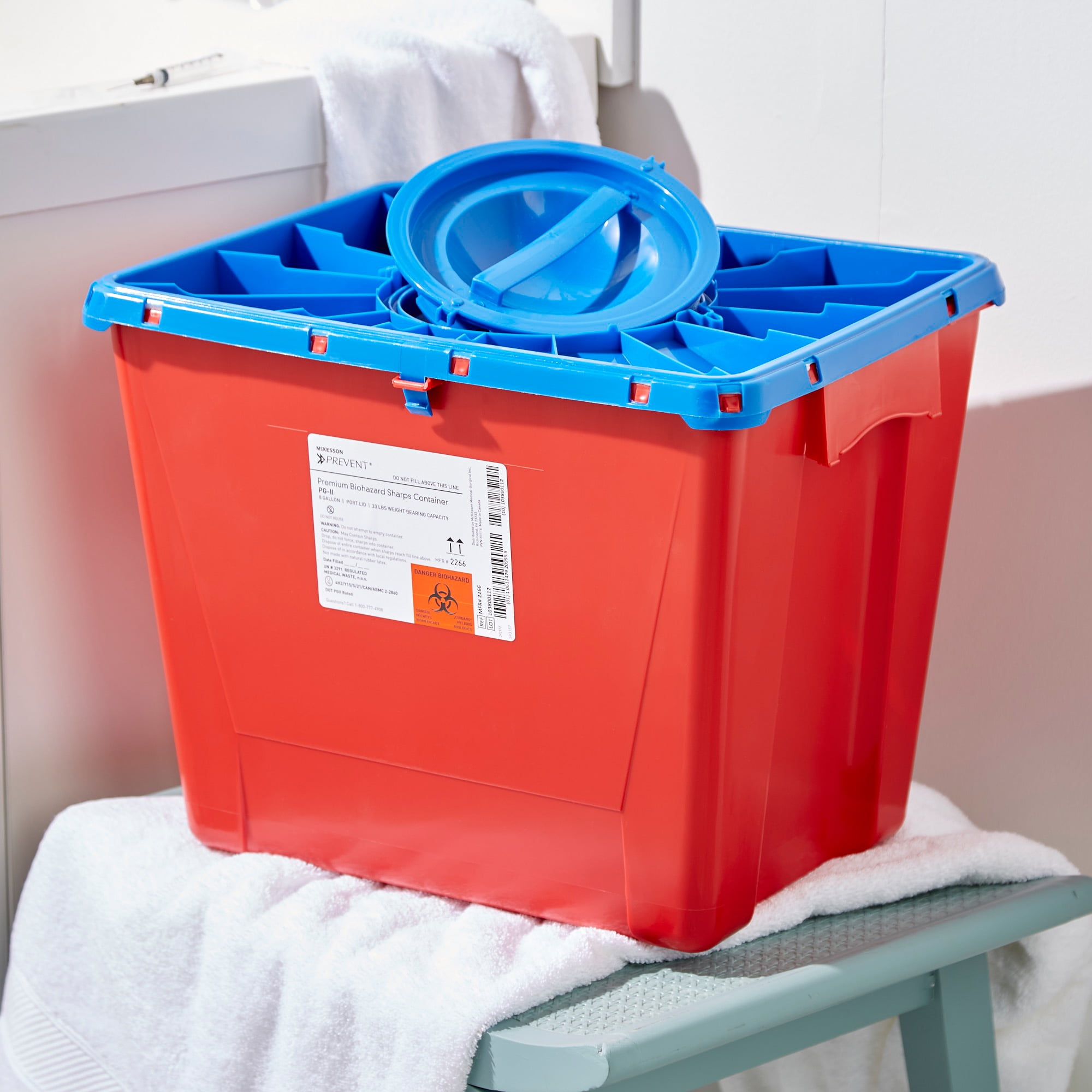 McKesson Biohazard Sharps Container, Puncture-Resistant Lockable Bin - Red, 8 gal, 9 Ct
