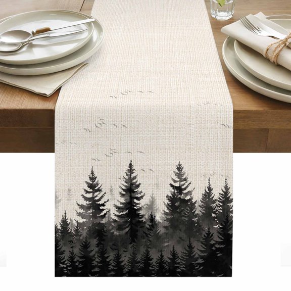 Mist Forest Table Runner - 120 Inch Long, Kitchen Dining Table Runner Dresser Scarves, Beige Farmhouse Vintage Nature Scenery Farmhouse Decor for Coffee Tables Wedding Party Banquet