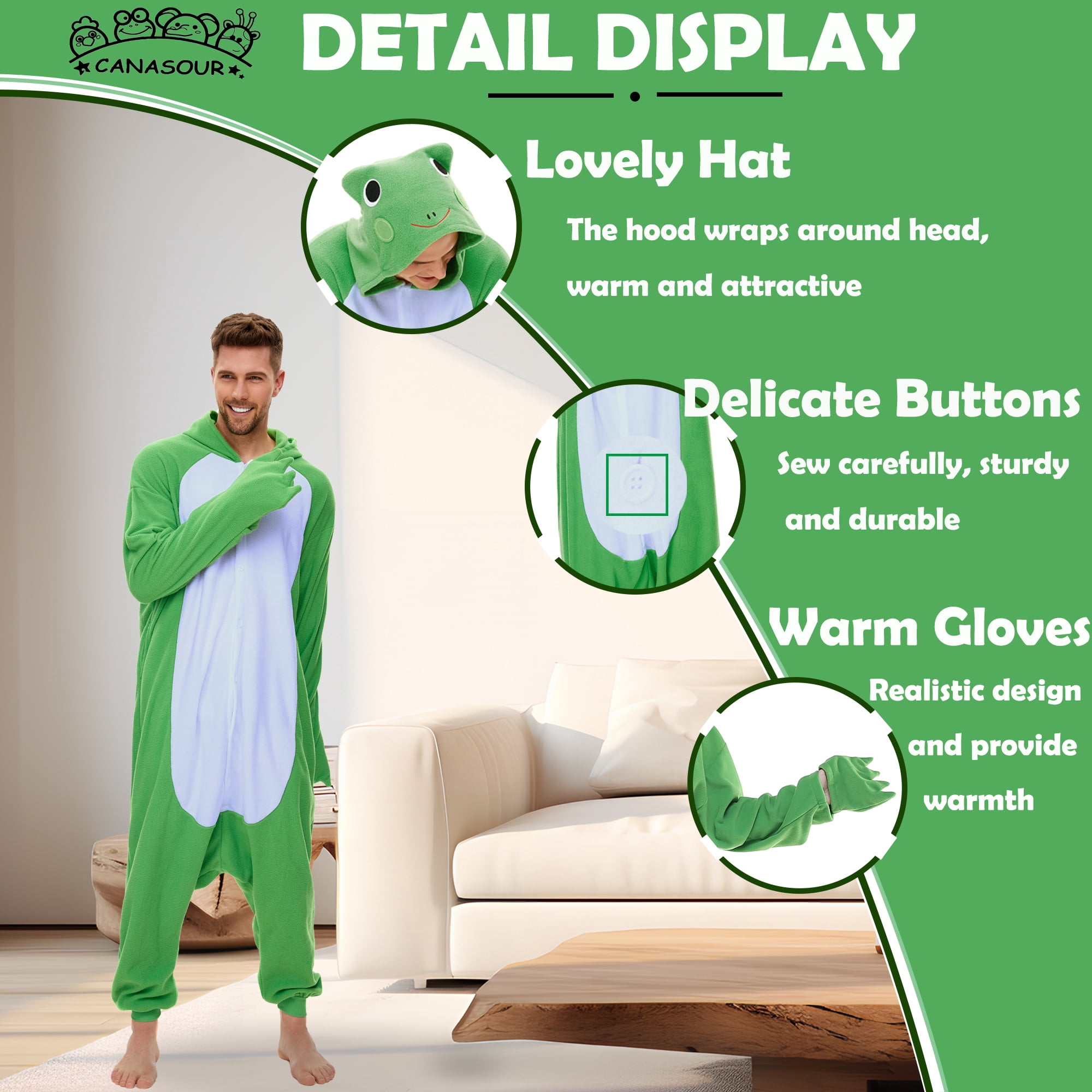 Frog Pajamas Unisex Adult CANASOUR Green Animal One-Piece Onesie Polyester Sleepwear for Women and Men Large