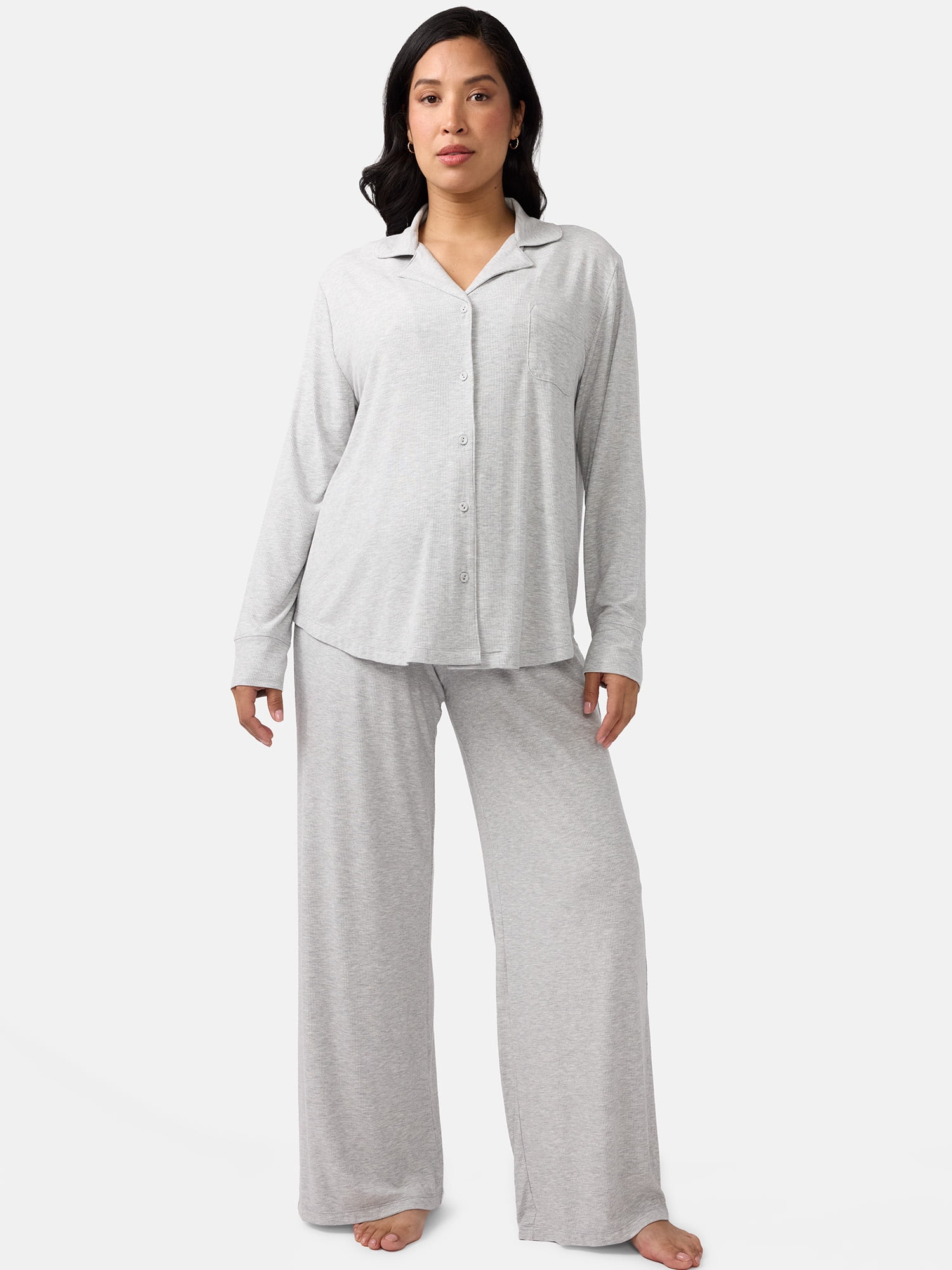 Ingrid & Isabel For Every Belly Women's Maternity Long Sleeve Button Down Shirt & Open Leg Pajama Set, Sizes S-XXXL