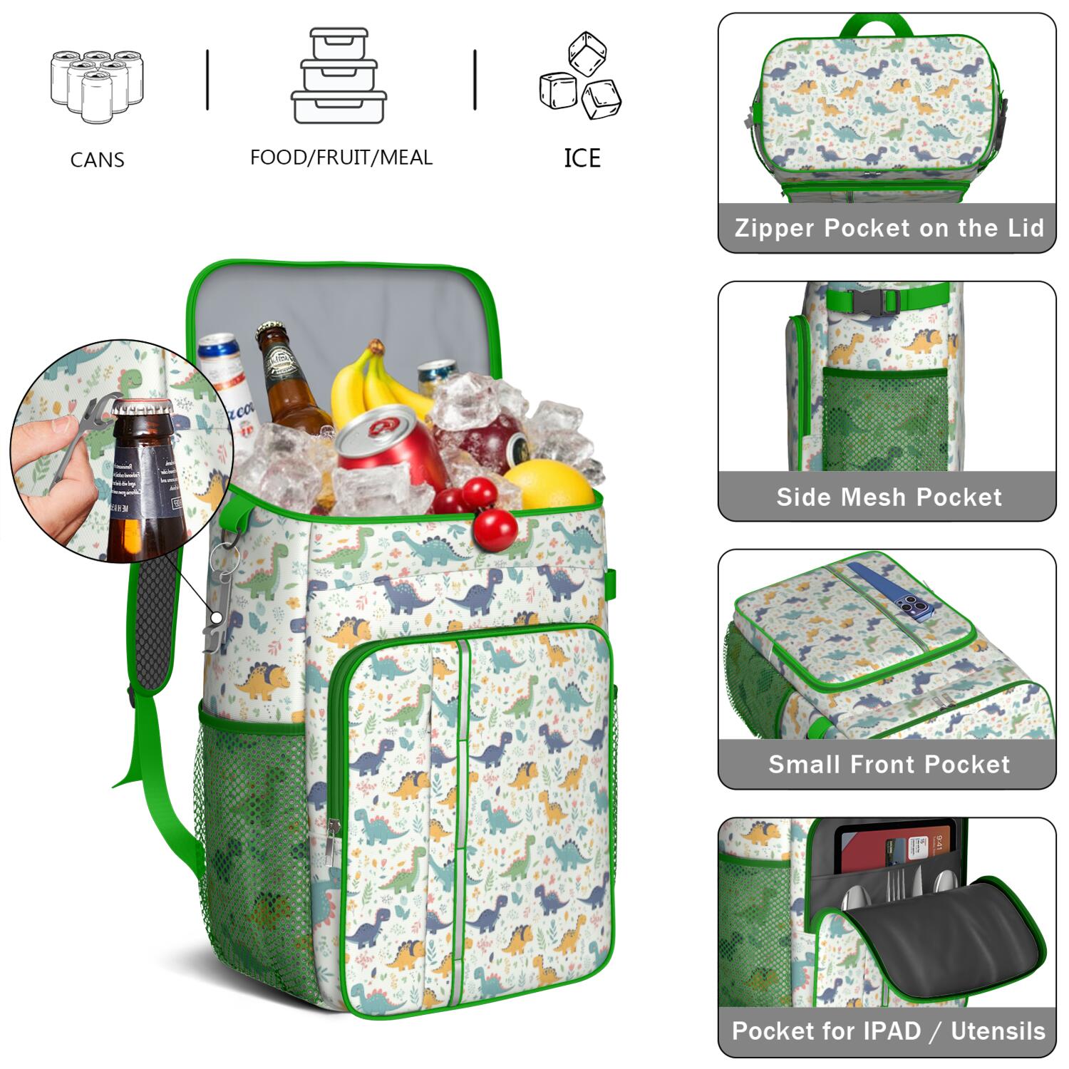 Travel Cooler Bag - LightColor Dinosaurs Floral Pattern Camping Beer Cooler Backpack with Bottle Opener- Waterproof Insulated Picnic Backpacks - Cooler Bag for Beach